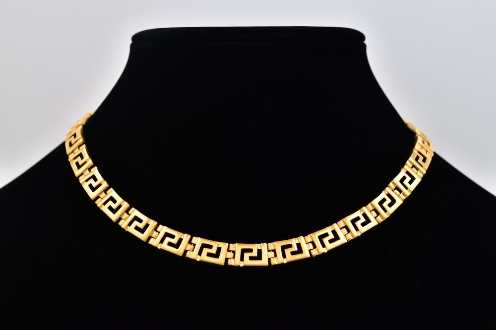 Vintage Greek Key Meander Link Collar Necklace Geometric Brushed Gold 80s BinBM